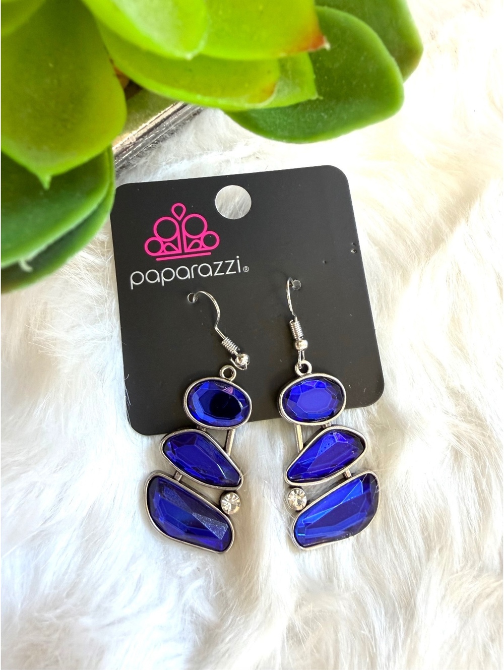 Paparazzi Blue Geometric Dangle Earrings with Rhinestone Acc